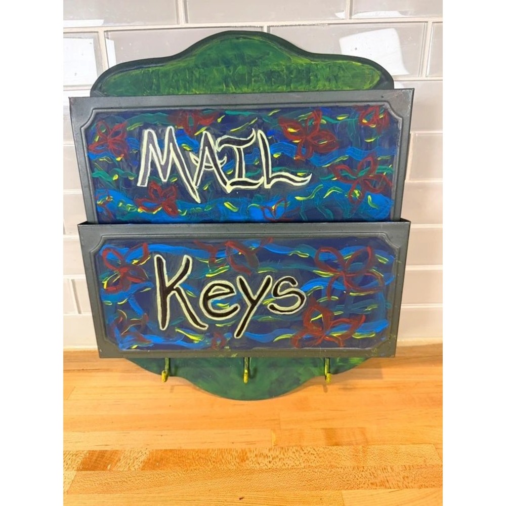 Hand Painted Metal Wall Mail Organizer Key Holder Folk Art Entryway Rack Hooks